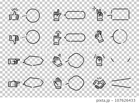 ハンドサインと吹き出しのシンプルな線画のアイコンセット。ベクターイラスト。 ハンドサインと吹き出しのシンプルな線画のアイコンセット。ベクターイラスト。 107626433