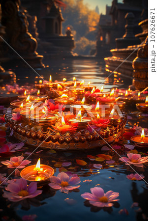 Diwali celebration background decorated with lit oil lanterns 107626671