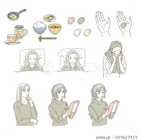 ビューティー 眠る女性と洗顔する女性のイラストレーションセット ビューティー 眠る女性と洗顔する女性のイラストレーションセット 107627415