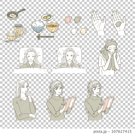 ビューティー 眠る女性と洗顔する女性のイラストレーションセット ビューティー 眠る女性と洗顔する女性のイラストレーションセット 107627415