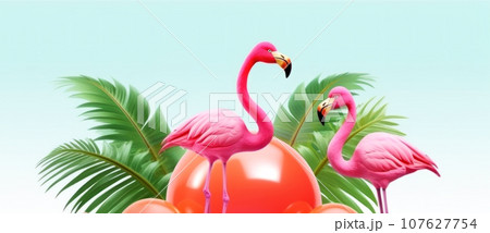 A stylish painted banner with two pink flamingos, palm leaves and red balloons. Generated by AI. 107627754