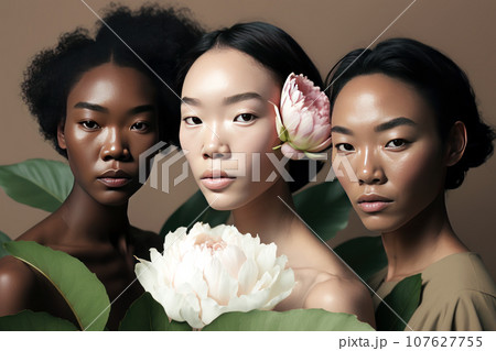 Female portrait of three attractive women of mixed races. 107627755