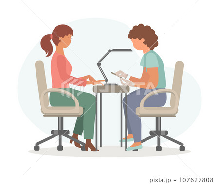 Nail salon. Woman manicurist works with a client. Business concept. Illustration, vector 107627808
