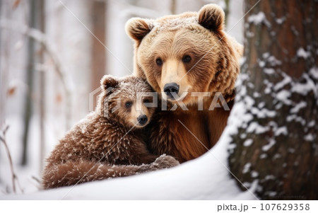 Brown bear mother and cub in the winter forest Brown bear mother and cub in the winter forest 107629358