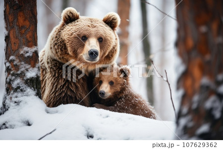 Brown bear mother and cub in the winter forest Brown bear mother and cub in the winter forest 107629362