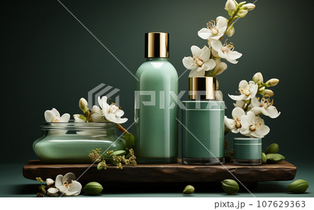 Cosmetic bottles with orchid flowers on wooden table, 3d render Cosmetic bottles with orchid flowers on wooden table, 3d render 107629363
