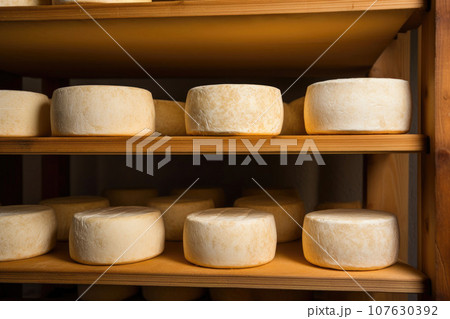 Aged Cow Milk Cheese on Wooden Shelves Aged Cow Milk Cheese on Wooden Shelves 107630392