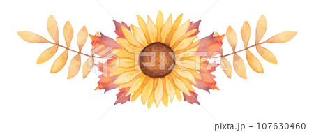 Autumn composition sunflower with maple leaves.Frame, banner. Seasonal holidays design. Thanksgiving, Halloween. Country wedding. Watercolor hand art 107630460