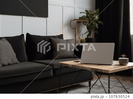 Blank screen of laptop computer on a table in the living room near the sofa. Layout. Ai generate 107630524
