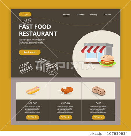 Fast food restaurant flat landing page website template. Hot dog, chicken, cake. Web banner with header, content and footer. Vector illustration. 107630634
