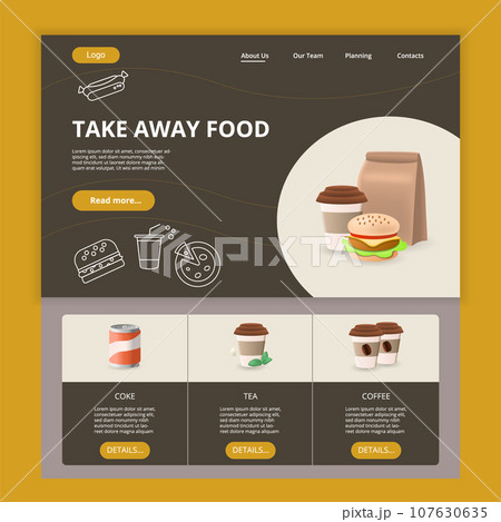 Take away food flat landing page website template. Coke, tea, coffee. Web banner with header, content and footer. Vector illustration. 107630635