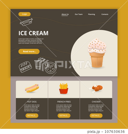 Ice cream flat landing page website template. Hot dog, french fries, chicken. Web banner with header, content and footer. Vector illustration. 107630636