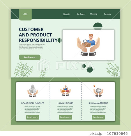 Customer and product responsibility flat landing page website template. Boars independence, human rights, risk management. Web banner with header, content and footer. Vector illustration. Customer and product responsibility flat landing page website template. Boars independence, human rights, risk management. Web banner with header, content and footer. Vector illustration. 107630646
