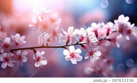 明るく美しいボケのある、風に舞う桜の花びらのサムネイル用画像 107631156