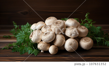 Freshly picked true mushrooms decorated with fresh herbs lying on a wooden table.  Ai-generated 107631352