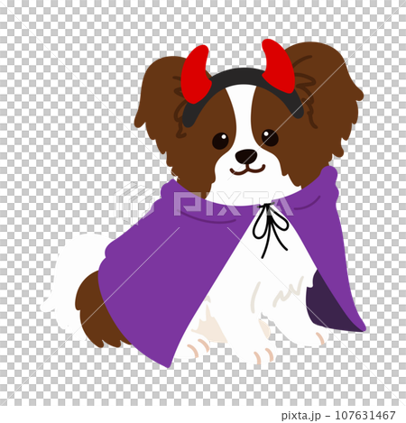 Illustration of a sitting Papillon for Halloween, no main line 107631467