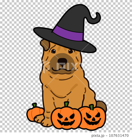 Illustration of a sitting Sharpei for Halloween, with main line 107631470