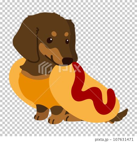 ハロウィン仕様のお座りするミニチュアダックスフンドのイラスト 主線