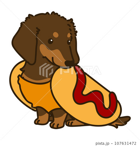 ハロウィン仕様のお座りするミニチュアダックスフンドのイラスト 主線