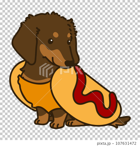 ハロウィン仕様のお座りするミニチュアダックスフンドのイラスト 主線