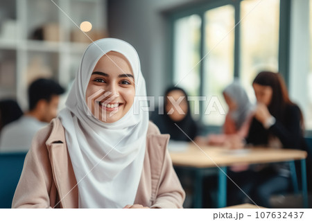 Young muslim student girl wearing in traditional hijab clothes in classroom with fellow students smiles and looks at the camera, uses laptop to study. Generative AI Young muslim student girl wearing in traditional hijab clothes in classroom with fellow students smiles and looks at the camera, uses laptop to study. Generative AI 107632437
