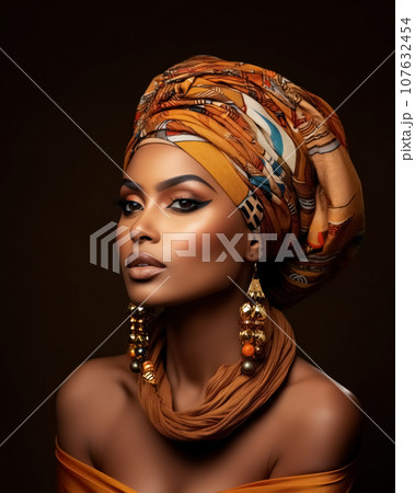 Close up portrait elegant, african woman in traditional clothes, jewelry and headdress turban made of scarf on black background. Generative AI 107632454