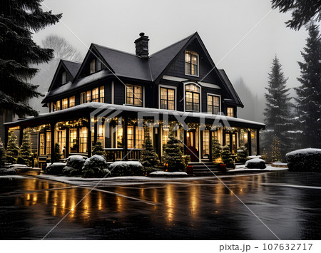 Cozy Christmas house rain blackandwhite cinematic. 107632717