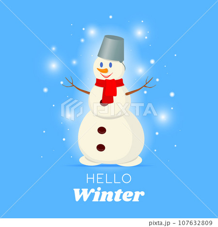 Vector illustration. Winter card with cute snowman in bowler hat, and inscription hello winter. Festive template for poster, banner, greeting card, invitation for New Year and Christmas. 107632809