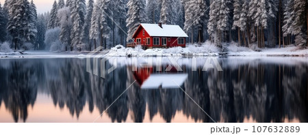 A wooden house in a coniferous forest on the shore of a lake. A place for privacy and escape from the bustle of the city. House in a national park on the shore of a picturesque lake 107632889