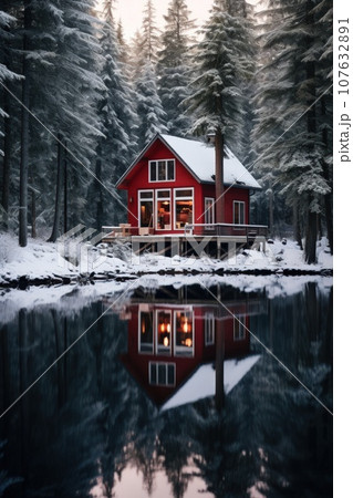 A small wooden house in a coniferous forest on the shore of a lake. A place for privacy and escape from the bustle of the city. House in a national park on the shore of a picturesque lake. Vertical A small wooden house in a coniferous forest on the shore of a lake. A place for privacy and escape from the bustle of the city. House in a national park on the shore of a picturesque lake. Vertical 107632891