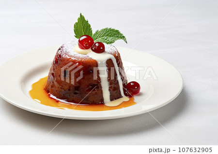 Christmas pudding fruit cake on christmas decoration background.Traditional festive dessert. 107632905