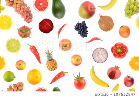 Fruit and vegetable seamless pattern isolated on white Fruit and vegetable seamless pattern isolated on white 107632947