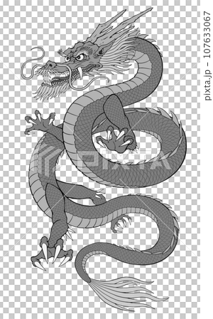 龍の白黒イラスト　辰年の年賀状イラスト素材 107633067