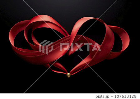 Red curled heart shape ribbon on black backgroundのイラスト素材 [107633129 ...