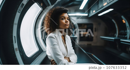 Multiracial young woman in white suit sitting near the window in spacecraft Multiracial young woman in white suit sitting near the window in spacecraft 107633352