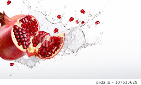 Pomegranate isolated on white background with have water splash in the back of Pomegranate 107633629