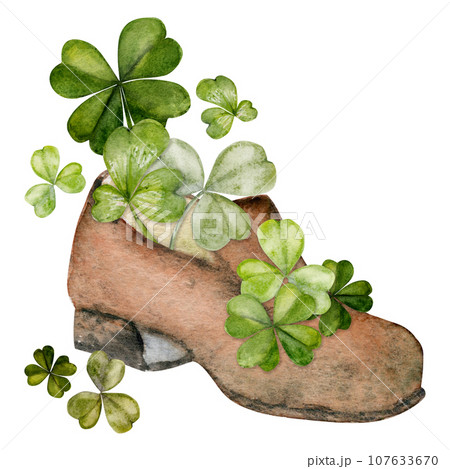 Watercolor hand drawn illustration, Saint Patrick holiday. Leprechaun boots shoes, green lucky clover shamrock. Ireland tradition. Isolated on white background. For invitations, print, website, cards. 107633670