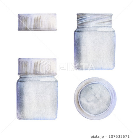 Watercolor hand drawn illustration, painting materials supplies, white and gray bottle with cap, closed and opened. Single object isolated on white. For school, party, artists, cards, website, shop 107633671