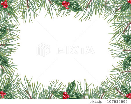 Christmas pine frame. Xmas tree branch with copy space for text. Spruce, Fir, evergreen plant. For postcard design, New Year cards, greetings. Watercolor illustration 107633693