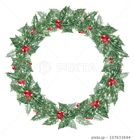 Wreath of Green ilex leaves with bunch of red berries. Holly leaves, evergreen shrub. Winter natural decoration. Watercolor illustration for Christmas, New Year cards, greetings. Copy space for text. Wreath of Green ilex leaves with bunch of red berries. Holly leaves, evergreen shrub. Winter natural decoration. Watercolor illustration for Christmas, New Year cards, greetings. Copy space for text. 107633694