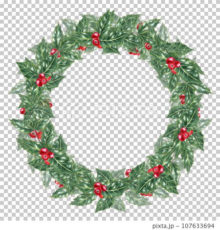 Wreath of Green ilex leaves with bunch of red berries. Holly leaves, evergreen shrub. Winter natural decoration. Watercolor illustration for Christmas, New Year cards, greetings. Copy space for text. Wreath of Green ilex leaves with bunch of red berries. Holly leaves, evergreen shrub. Winter natural decoration. Watercolor illustration for Christmas, New Year cards, greetings. Copy space for text. 107633694