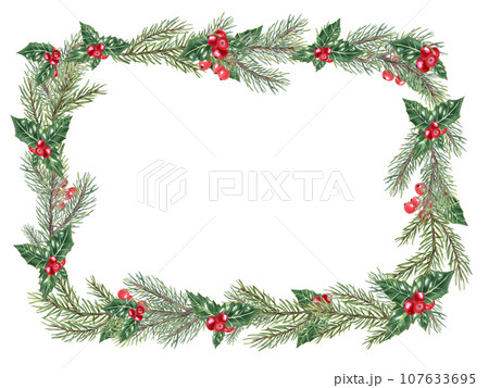 Christmas spruce frame. Green ilex leaves with bunch of red berries. Spruce, Fir, evergreen plant, Holly leaves. Copy space for text. Watercolor illustration for greeting, postcards 107633695