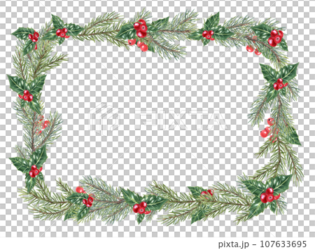 Christmas spruce frame. Green ilex leaves with bunch of red berries. Spruce, Fir, evergreen plant, Holly leaves. Copy space for text. Watercolor illustration for greeting, postcards Christmas spruce frame. Green ilex leaves with bunch of red berries. Spruce, Fir, evergreen plant, Holly leaves. Copy space for text. Watercolor illustration for greeting, postcards 107633695