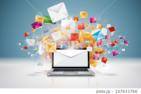 Marketing and business ideas through email, email or newsletter. email marketing or newsletter concept, sending e-mails. Easy to send and receive information online, Bright color, ultra realistic 107633760