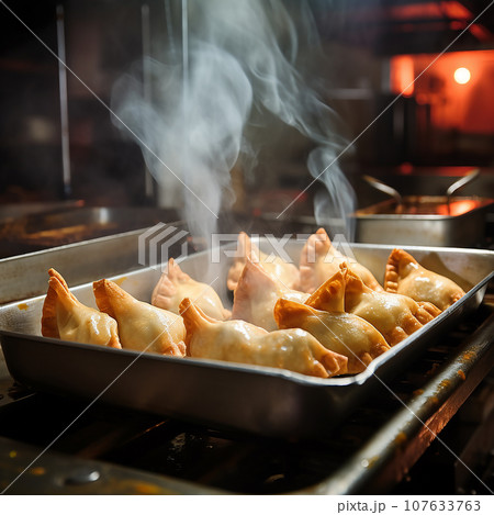 deep fried empanadas in boiling oil in a casual fast food restaurant kitchen 107633763