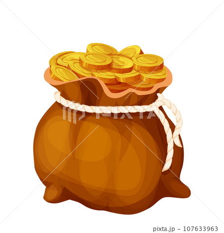 Money bag, sack with golden coins in cartoon style isolated on white. Game element asset success, trophy. Money bag, sack with golden coins in cartoon style isolated on white. Game element asset success, trophy. 107633963