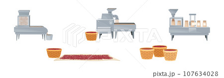 Coffee Industrial Production Process with Equipment and Ripe Crop Vector Set Coffee Industrial Production Process with Equipment and Ripe Crop Vector Set 107634028