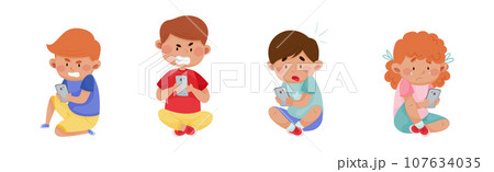 Angry and Frustrated Kids with Mobile Phones Vector Set 107634035