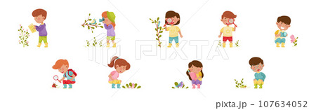 Cute Kids Exploring Nature with Flora and Fauna Vector Set 107634052
