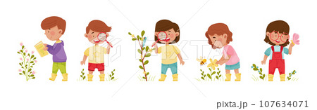 Cute Kids Exploring Nature with Flora and Fauna Vector Set 107634071